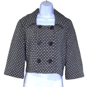 WHBM Cropped Tweed Blazer Jacket Size 6 Black White Square Neck 3/4 Sleeve